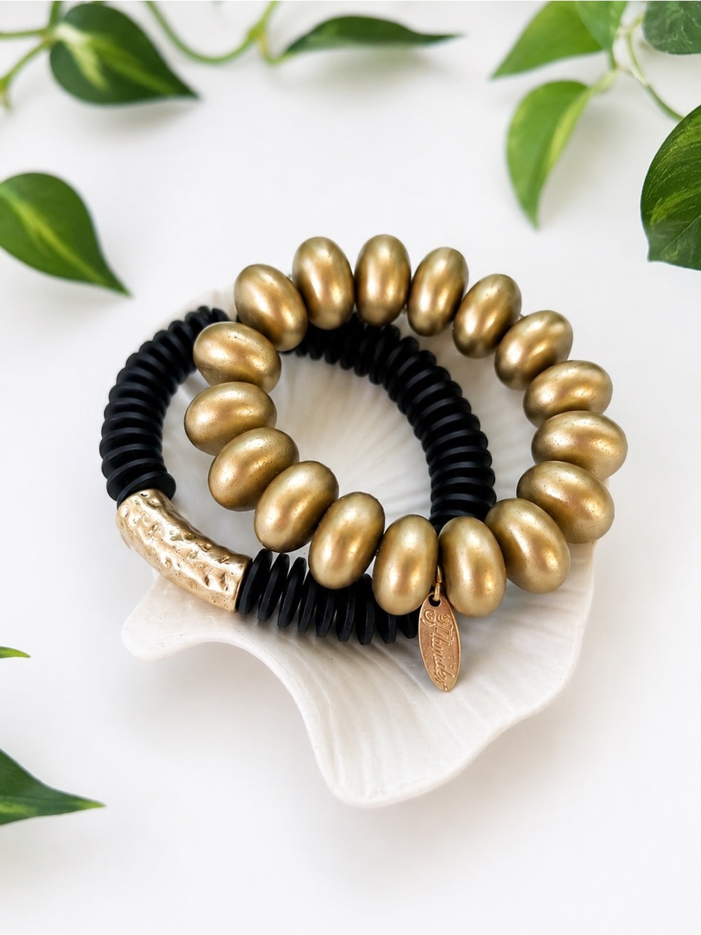 Gold & Black Coil Bracelet Set | Stretch Beaded Wrist Accessory Duo